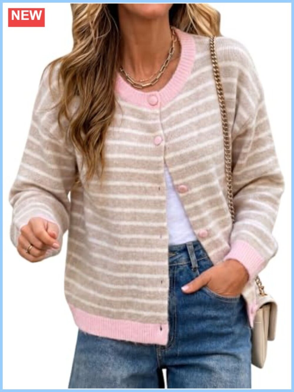 Women's Striped Cardigan Sweater Button Down Crewneck Knit